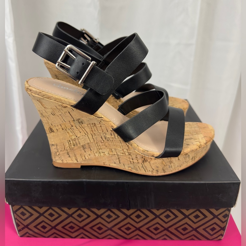 CHARLES BY CHARLES DAVID Women's Liber Platform Black Straps/Cork Sole   8M  NIB